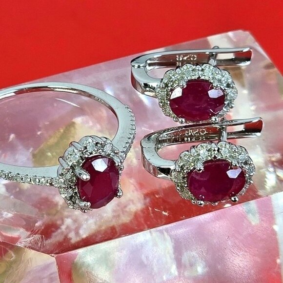 925 Sterling Silver Set, Ring & Earrings with Natural Ruby & NATURAL 52 DIAMONDS - Picture 1 of 14